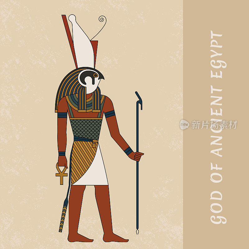 Ancient art by the ancient Egyptian god Horus. Colored vector drawing of the god Horus against the background of papyrus. EPS 10